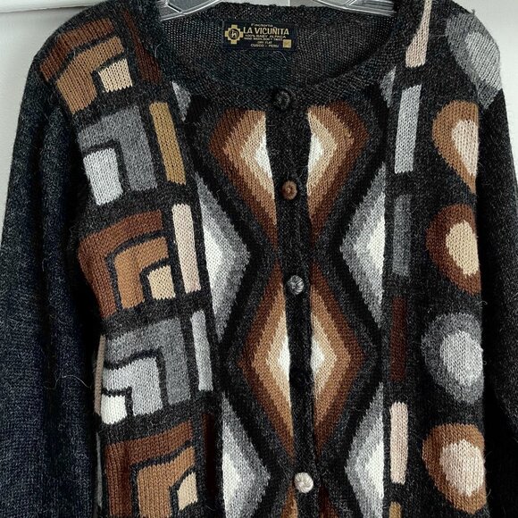 La Vicunita Peruvian Baby Alpaca Cardigan Sweater Size M Gray Multi Aztec Geo - Picture 4 of 15